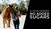 Banner image of a dressage rider feeding her horse an Enjoy Yums apple treat while holding a bag, with text overlay: 'All-natural ingredients, no added sugars.'