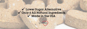 Banner image featuring Enjoy Yums heart-shaped horse treats in the background with text overlay: 'Lower Sugar Alternative, Only 6 All Natural Ingredients, Made in the USA'